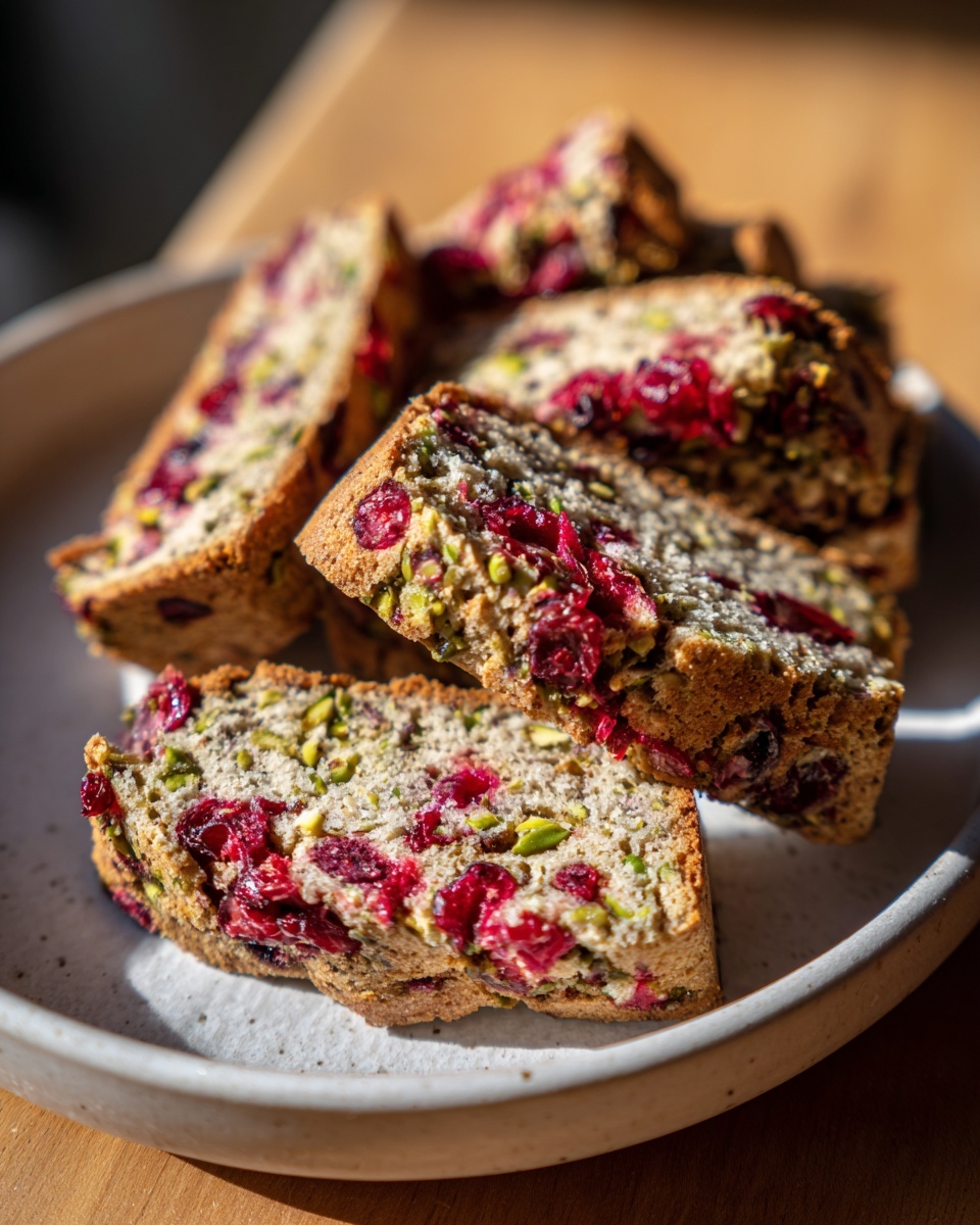 Close-up of several slices of gluten free cranberry pistachio biscotti showing bright red cranberries and green pistachios.