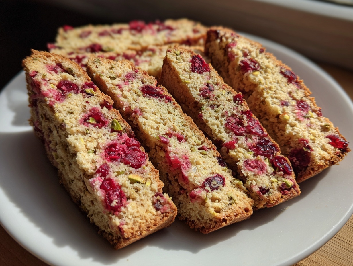 Close-up of several slices of gluten free cranberry pistachio biscotti arranged on a white plate.