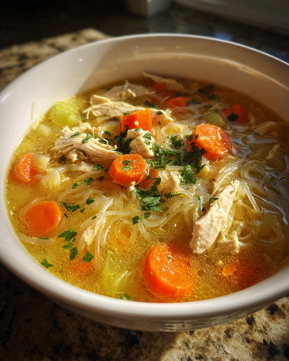 Close-up of a white bowl filled with gluten free slow cooker chicken noodle soup, featuring shredded chicken, carrots, and clear noodles.