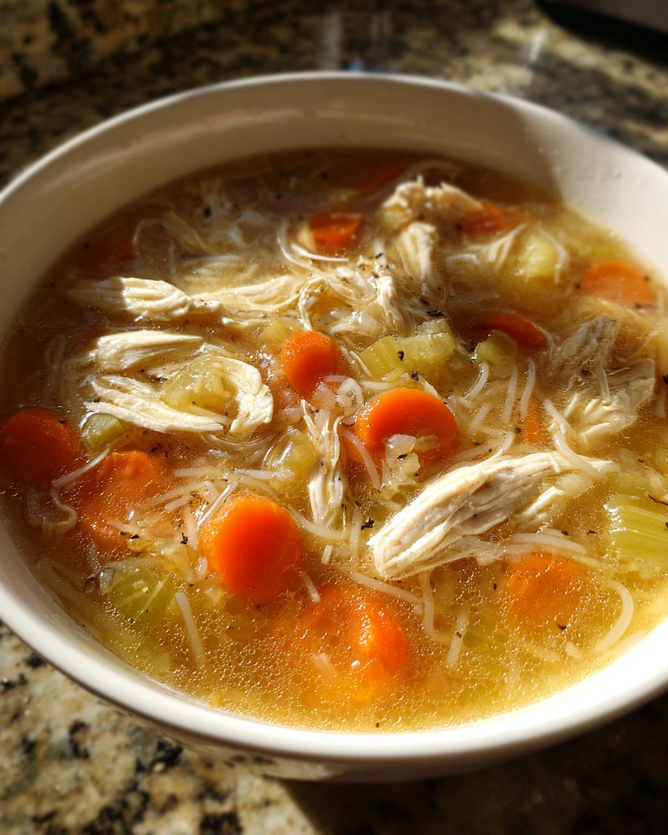 Close-up of a white bowl filled with gluten free slow cooker chicken noodle soup, featuring shredded chicken, carrots, and noodles.