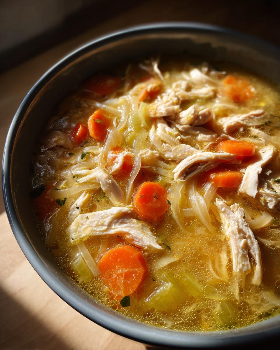 Close-up of a bowl of gluten free slow cooker chicken noodle soup with shredded chicken, carrots, and noodles.