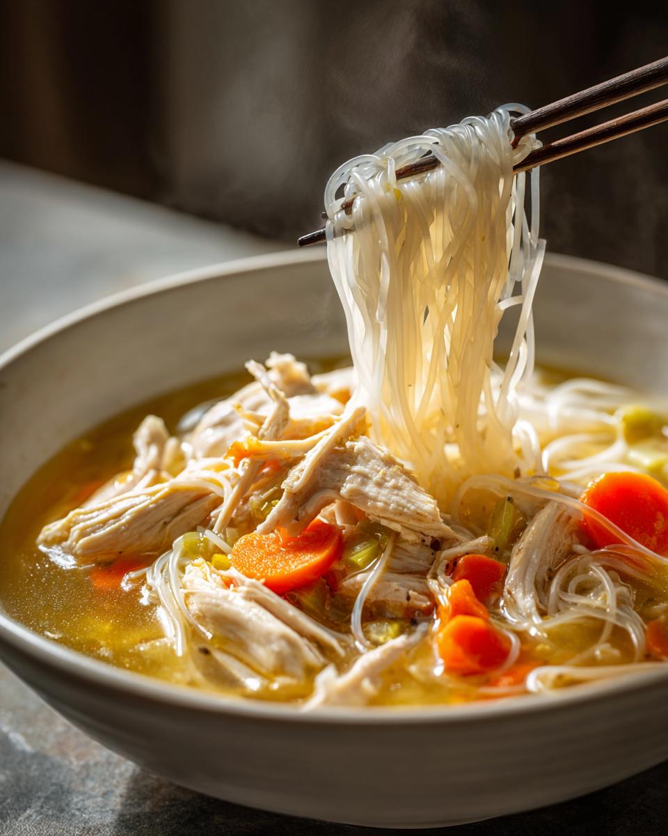 Chopsticks lifting steaming rice noodles from a bowl of gluten free slow cooker chicken noodle soup with shredded chicken and carrots.