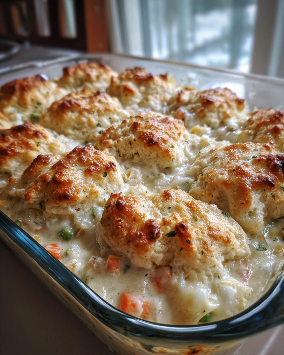 Close-up of a baked pot pie casserole topped with golden brown biscuits nestled in creamy chicken and vegetable filling.