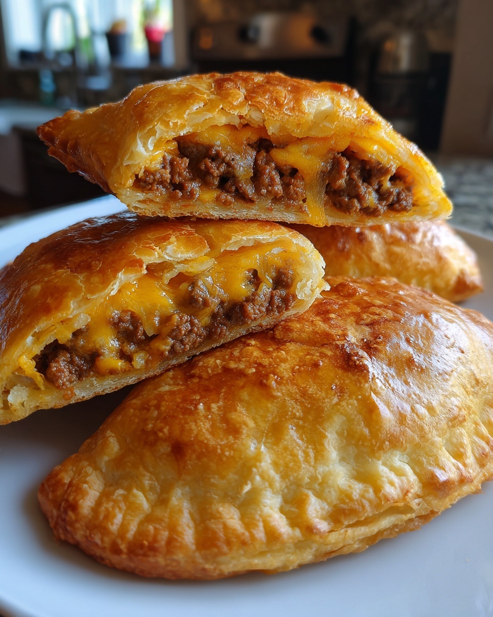 Close-up of golden baked cheeseburger pockets stacked, showing the savory ground beef and melted cheddar filling.