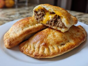 Close-up of golden baked cheeseburger pockets, one cut open revealing ground beef and melted cheddar cheese.