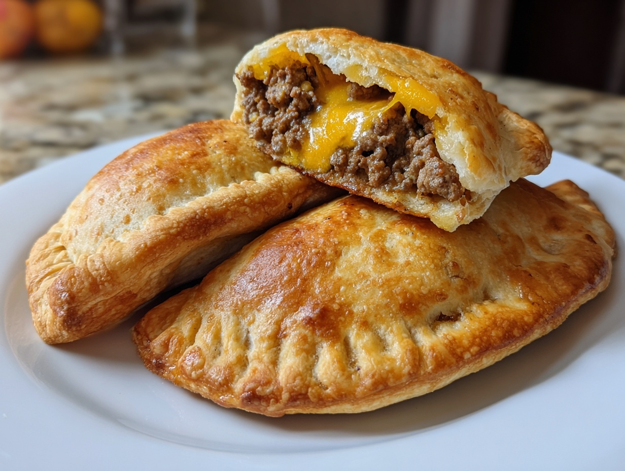 Close-up of golden baked cheeseburger pockets, one cut open revealing ground beef and melted cheddar cheese.