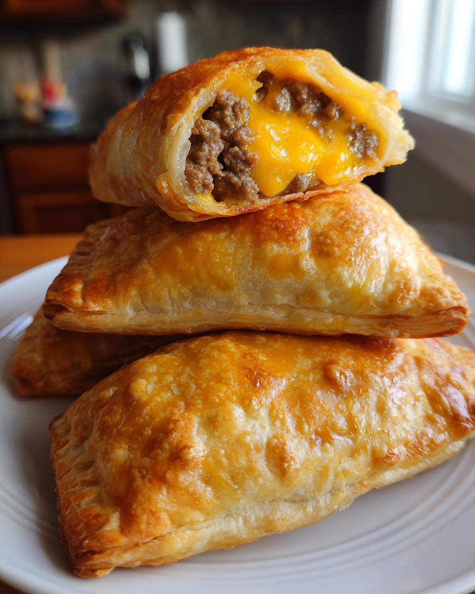 A stack of golden, flaky cheeseburger pockets, with the top one cut open revealing ground beef and melted cheese.
