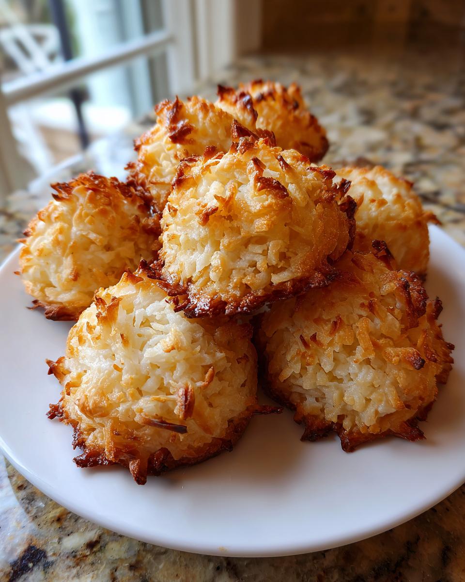 A close-up of several golden brown coconut macaroons piled on a white plate.