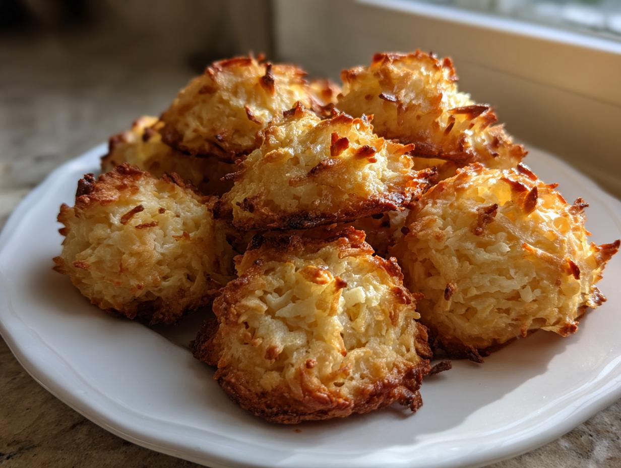 A pile of freshly baked, golden brown coconut macaroons with crispy edges on a white plate.