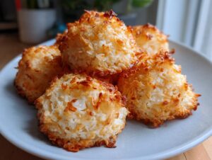 A close-up of golden brown, chewy coconut macaroons recipe made with sweetened condensed milk on a light plate.