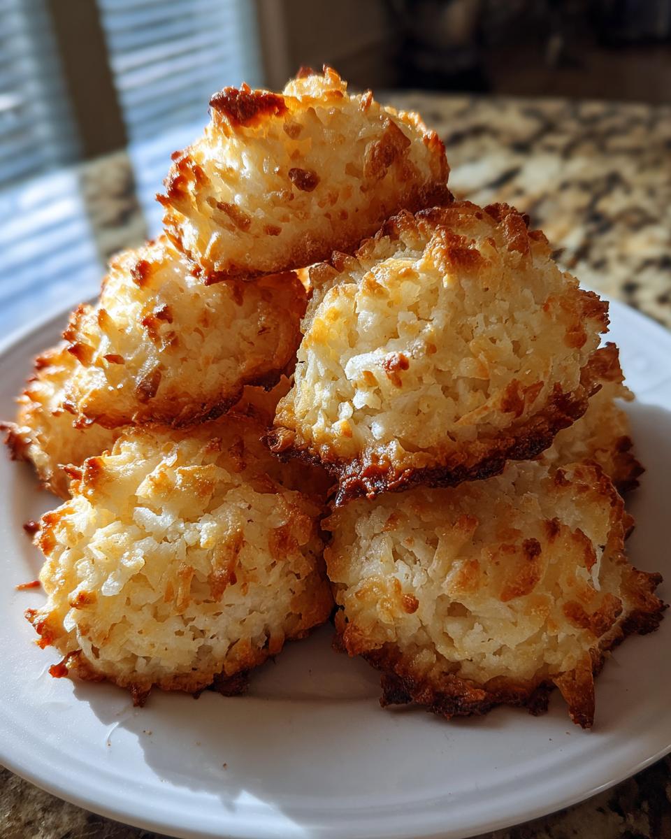 A stack of freshly baked, golden brown coconut macaroons piled high on a white plate.