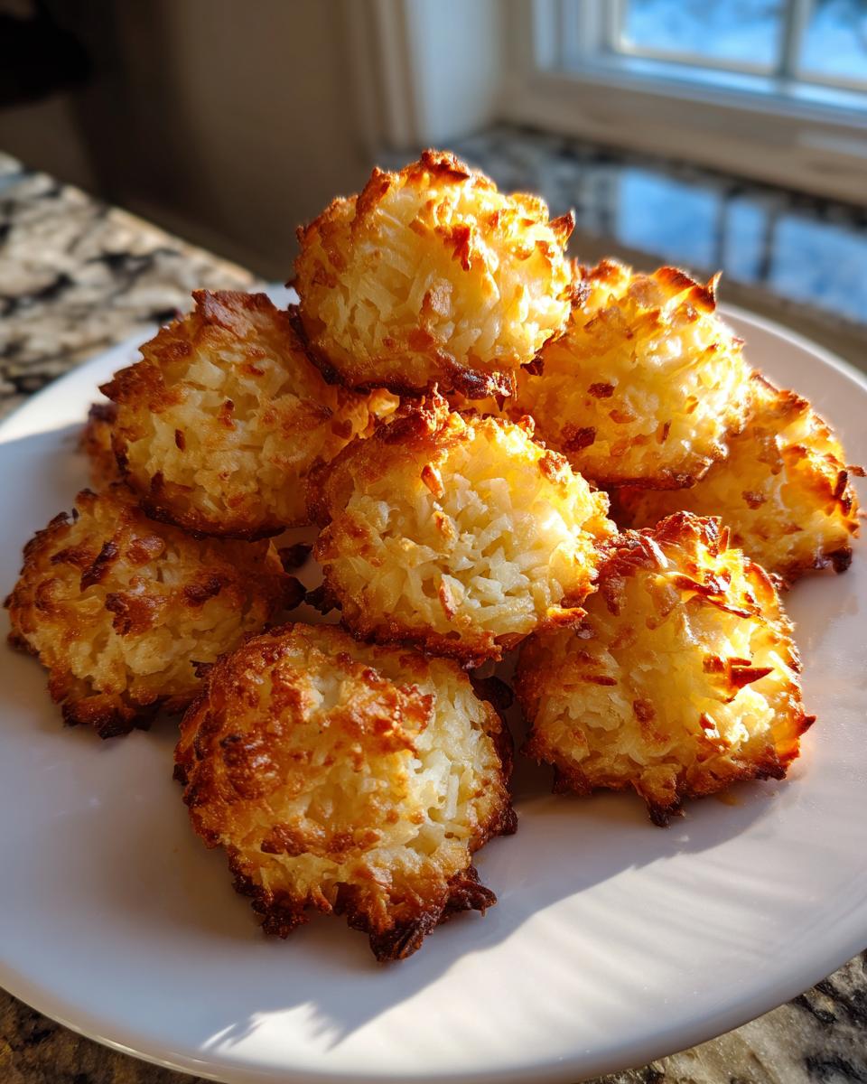 A stack of freshly baked, golden brown coconut macaroons with crispy edges on a white plate.