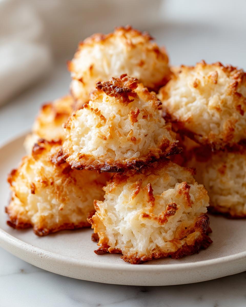 A close-up stack of golden-brown coconut macaroons recipe treats on a light plate.