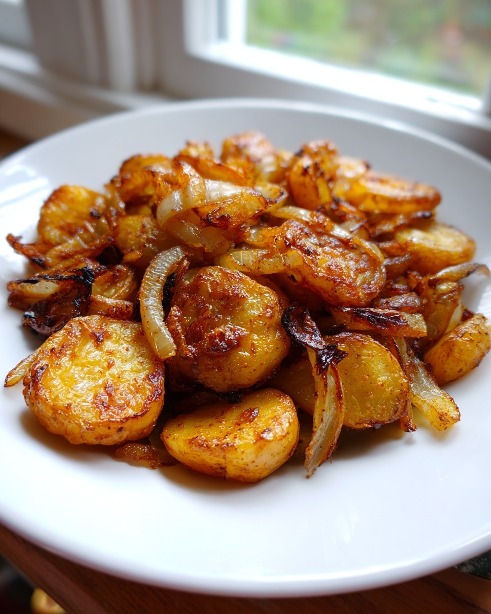 Close-up of golden brown fried potatoes mixed with caramelized onions served on a white plate.
