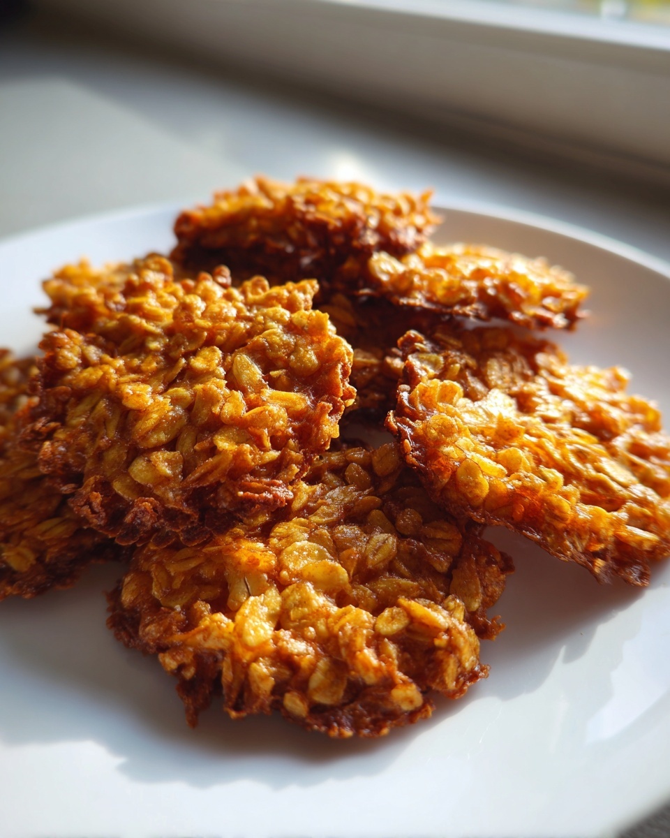 A close-up of several crispy, golden brown oatmeal lace cookies piled on a white plate.