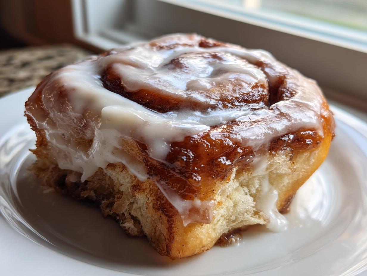 A close-up shot of a single, gooey, iced tiktok cinnamon rolls sitting on a white plate near a window.