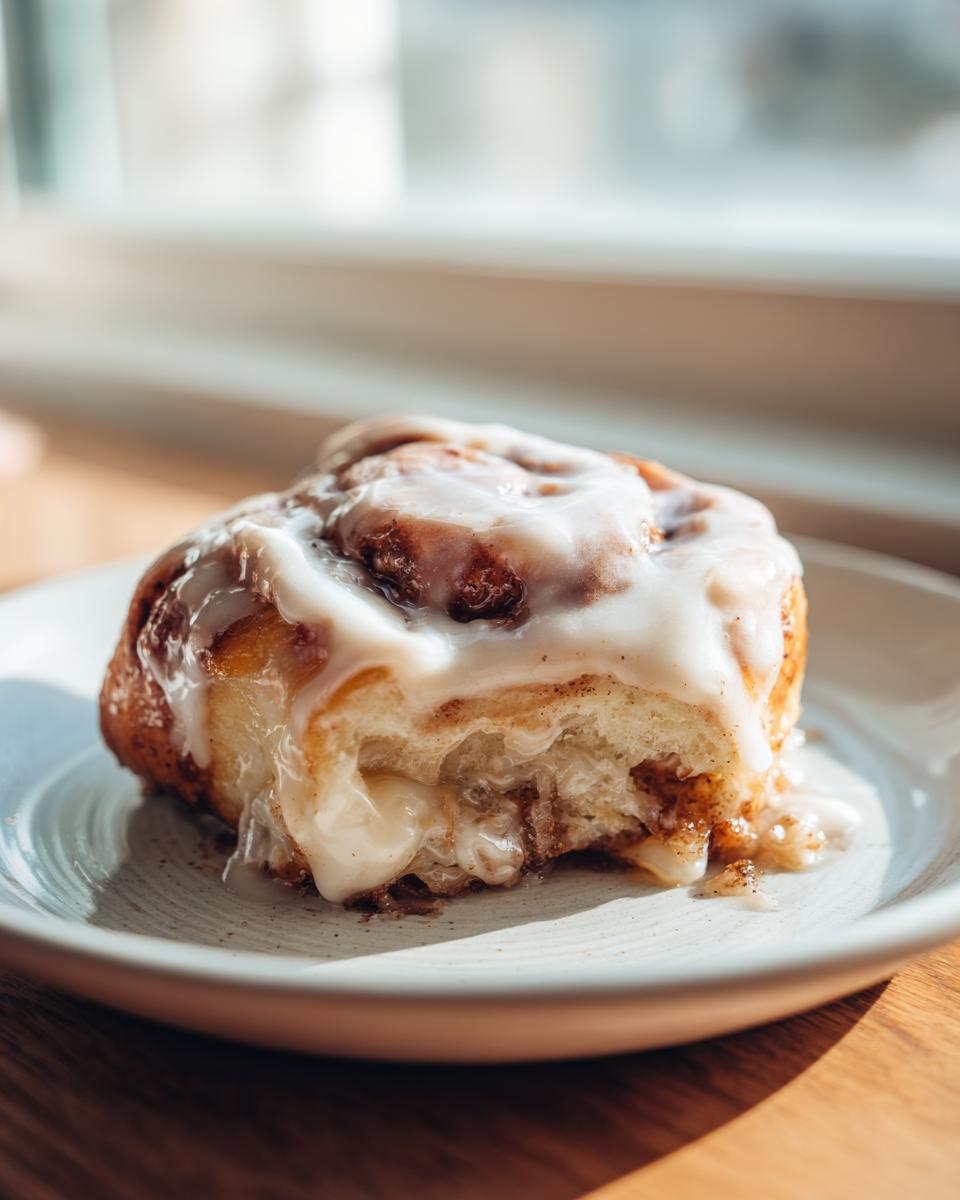 Close-up of a gooey, iced tiktok cinnamon rolls with a bite taken out, showing the soft interior.