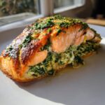 A perfectly cooked fillet of green goddess feta stuffed salmon, topped with fresh herbs.