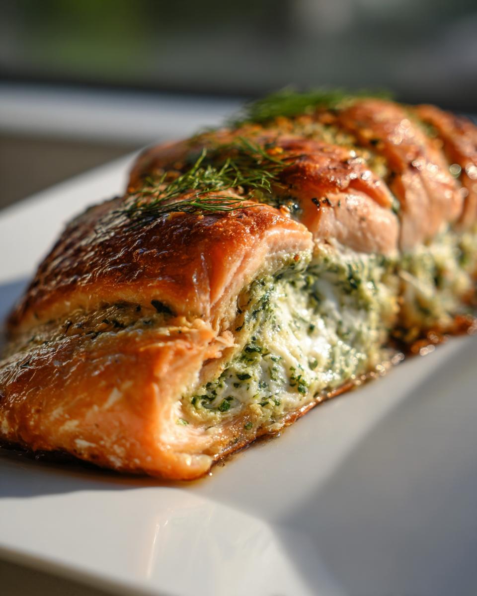 Close-up of a baked green goddess feta stuffed salmon fillet showing the creamy green filling and crispy top.