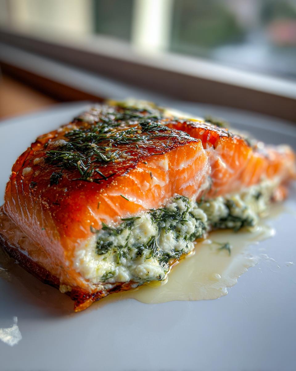 Close-up of a perfectly cooked green goddess feta stuffed salmon fillet with a crispy top.