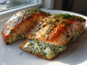 Two golden-brown fillets of green goddess feta stuffed salmon topped with fresh dill on a white plate.