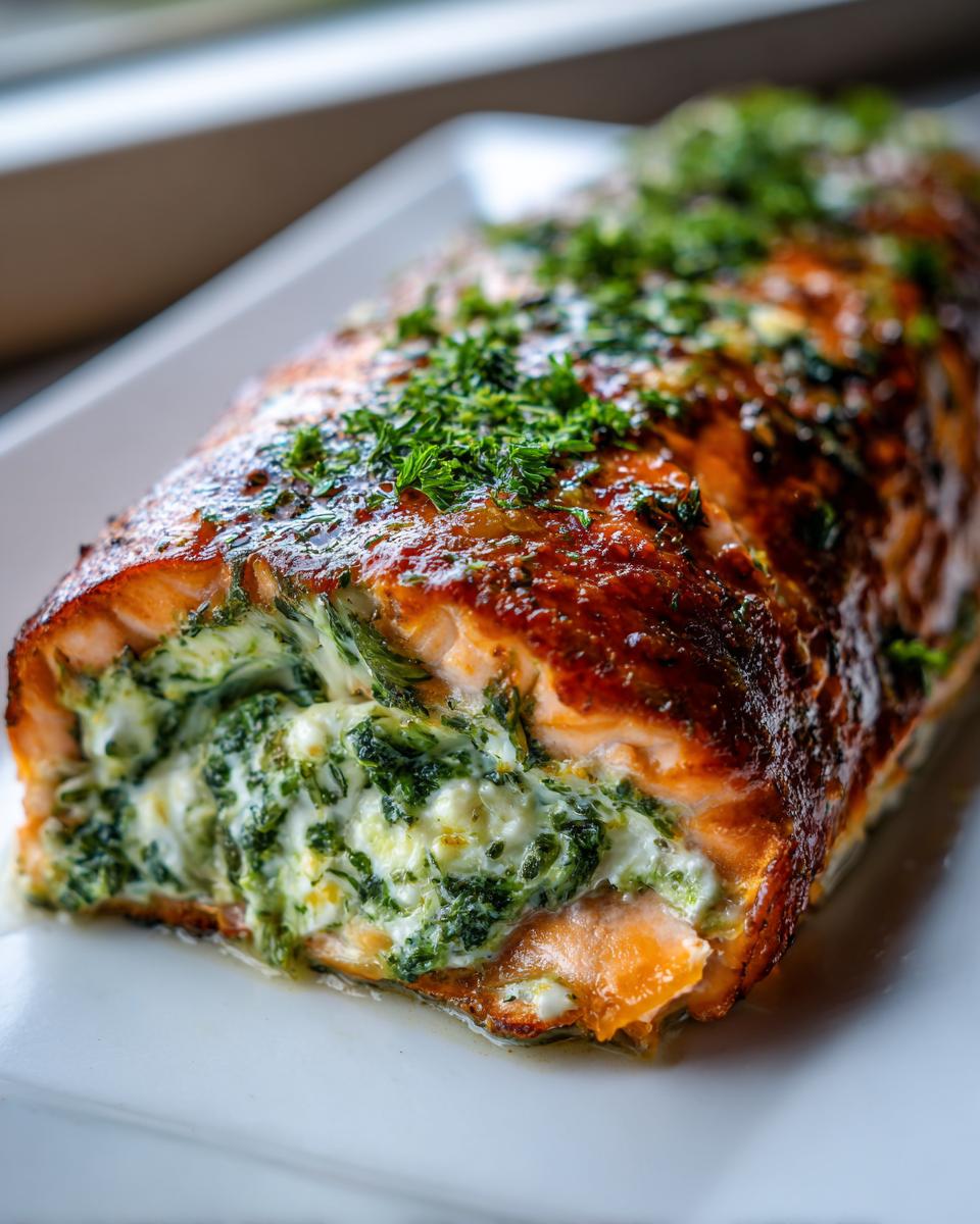 Close-up of baked green goddess feta stuffed salmon, showing the creamy spinach filling inside the seared fish.