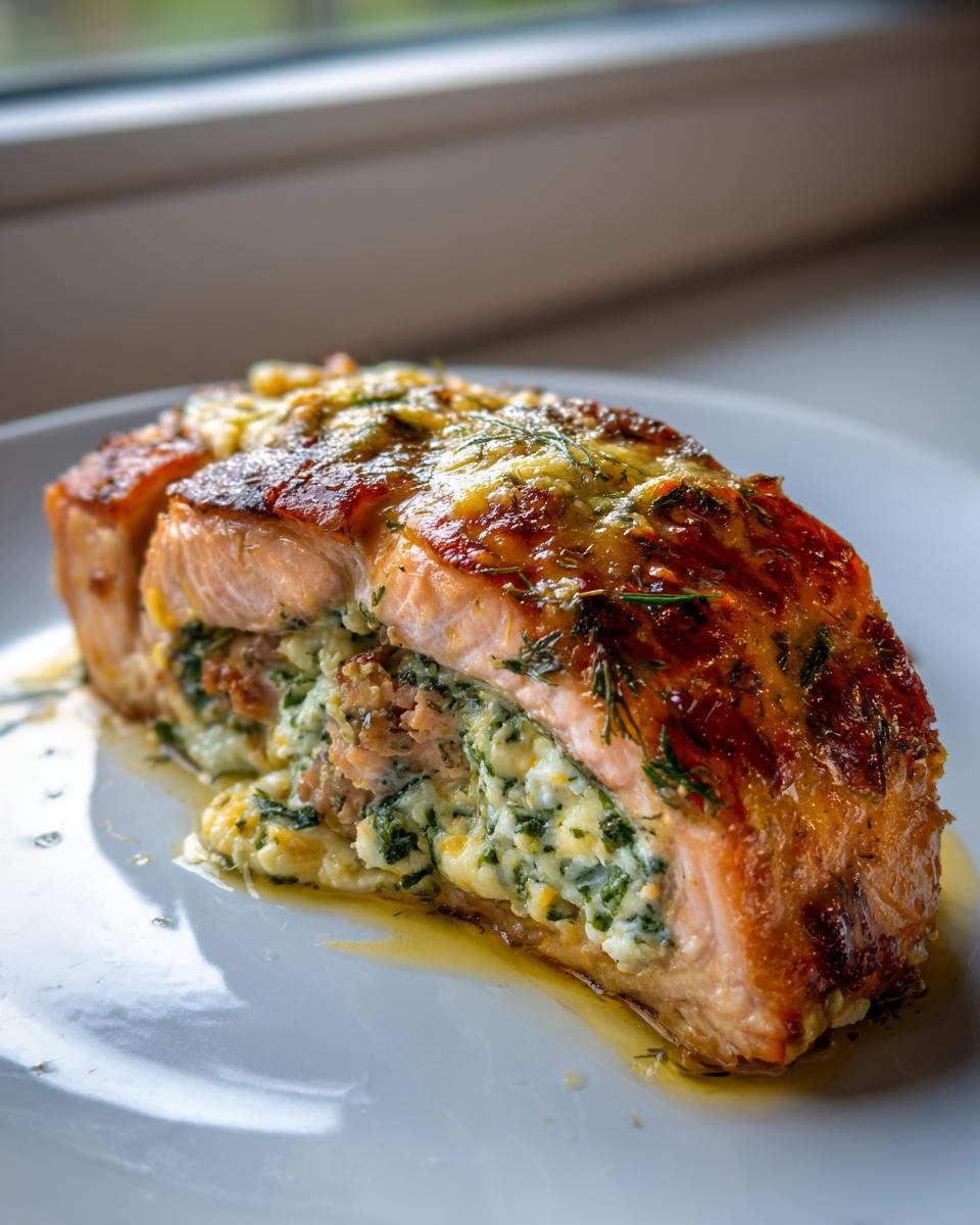A perfectly cooked piece of green goddess feta stuffed salmon, showing the rich filling and golden-brown top.
