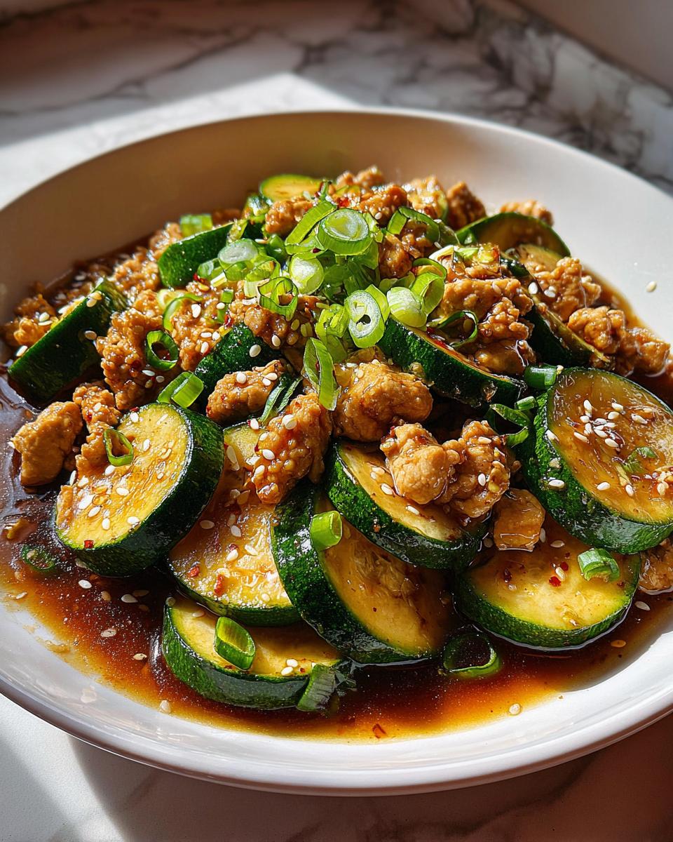 A close-up of delicious ground chicken zucchini stir fry served in a white bowl with a savory brown sauce, garnished with green onions and sesame seeds.