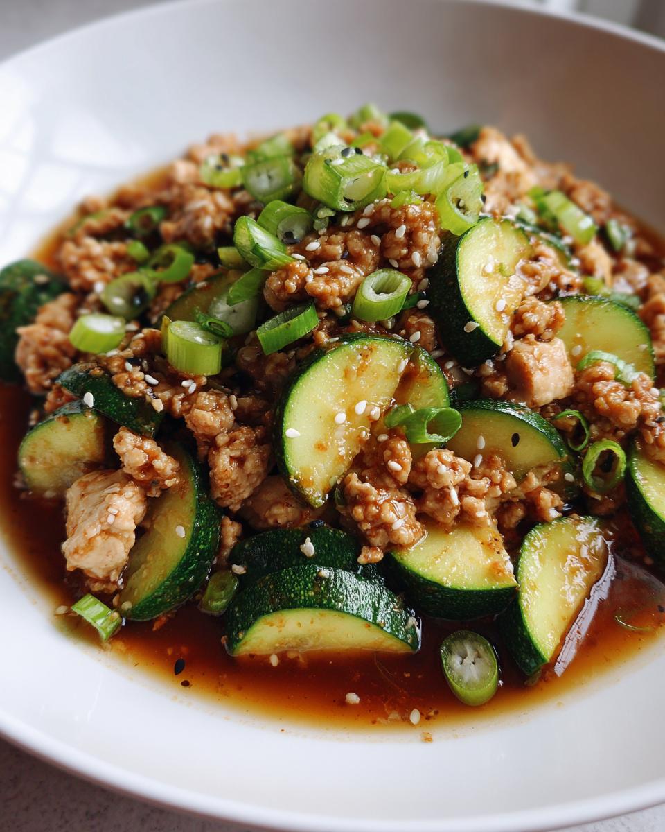 A close-up of ground chicken zucchini stir fry coated in a savory brown sauce, topped with green onions and sesame seeds.