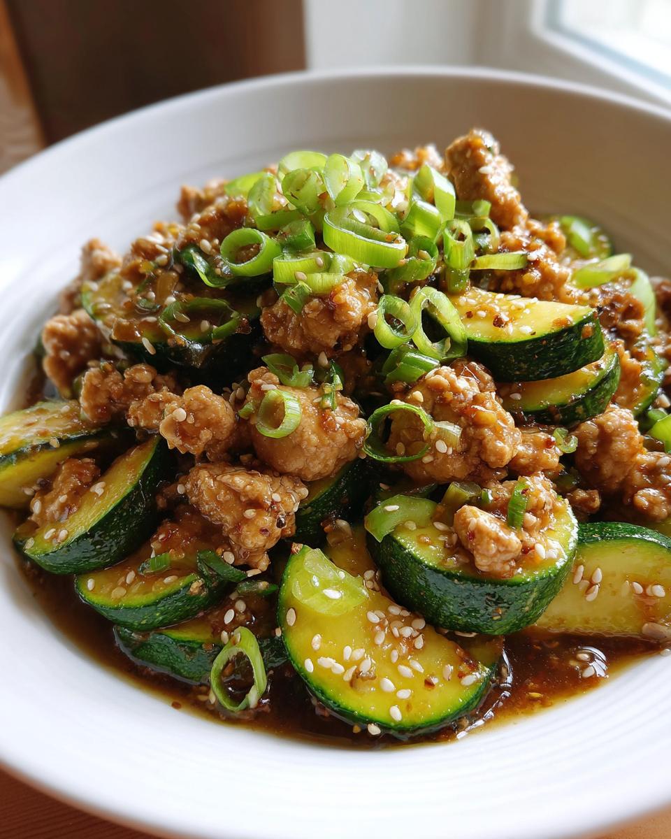 Close-up of ground chicken zucchini stir fry topped with green onions and sesame seeds.
