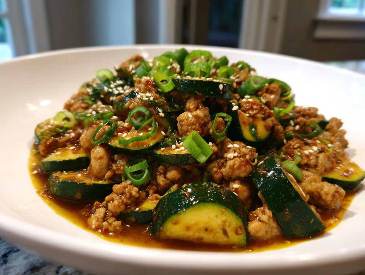 Close-up of ground chicken zucchini stir fry, glossy with sauce and topped with green onions and sesame seeds.