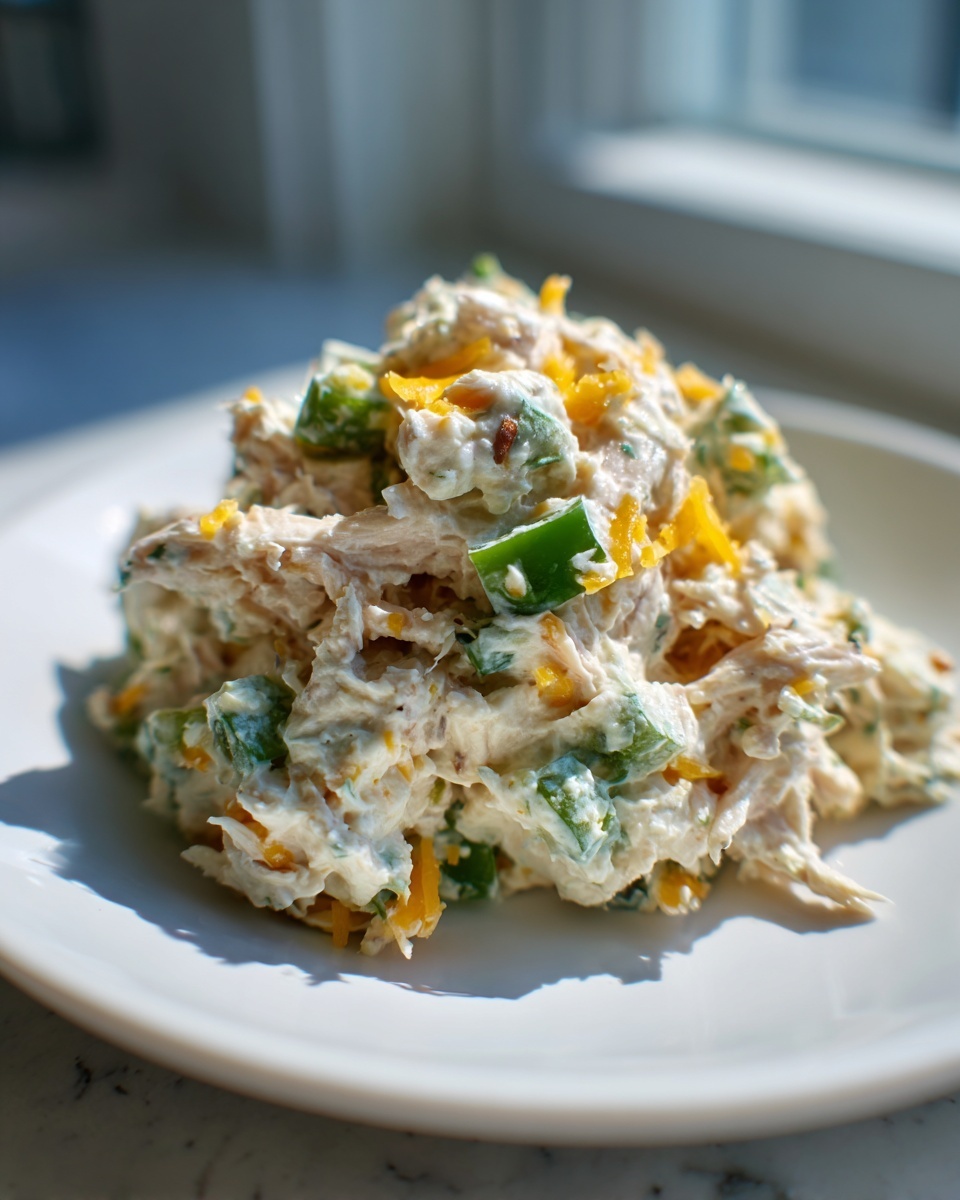 A scoop of creamy healthy jalapeno popper chicken salad topped with shredded cheddar cheese and green peppers.