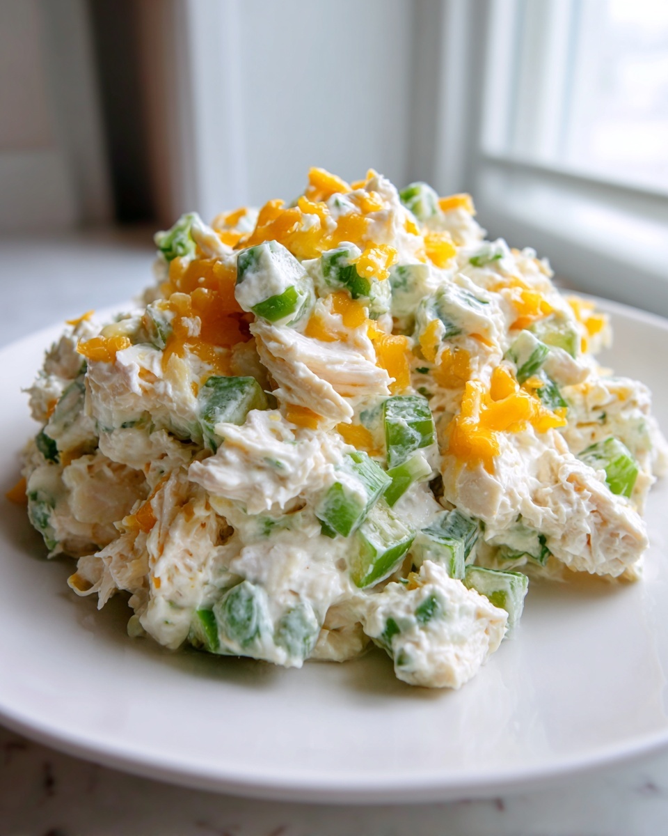 A scoop of creamy healthy jalapeno popper chicken salad topped with shredded cheddar cheese, served on a white plate.