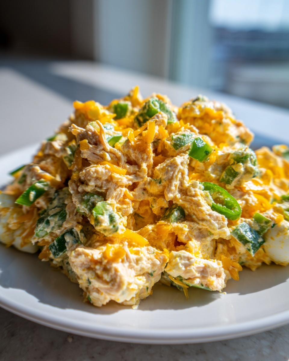 A mound of creamy healthy jalapeno popper chicken salad topped with shredded cheddar cheese and green jalapeno slices.