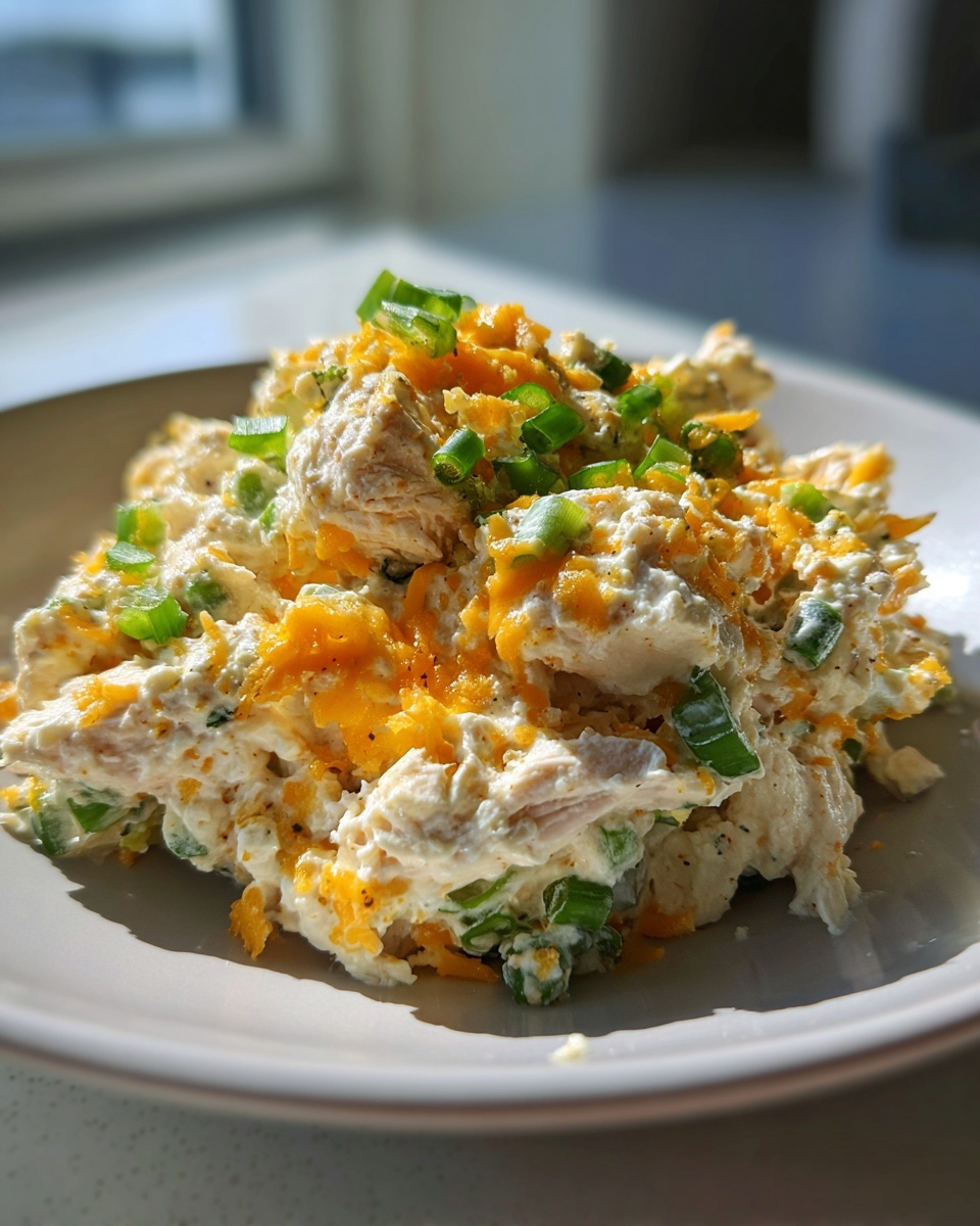 A close-up serving of creamy healthy jalapeno popper chicken salad topped with shredded cheddar and green onions.