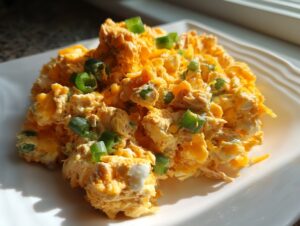 A scoop of creamy, orange-tinted healthy jalapeno popper chicken salad topped with fresh green onion slices.