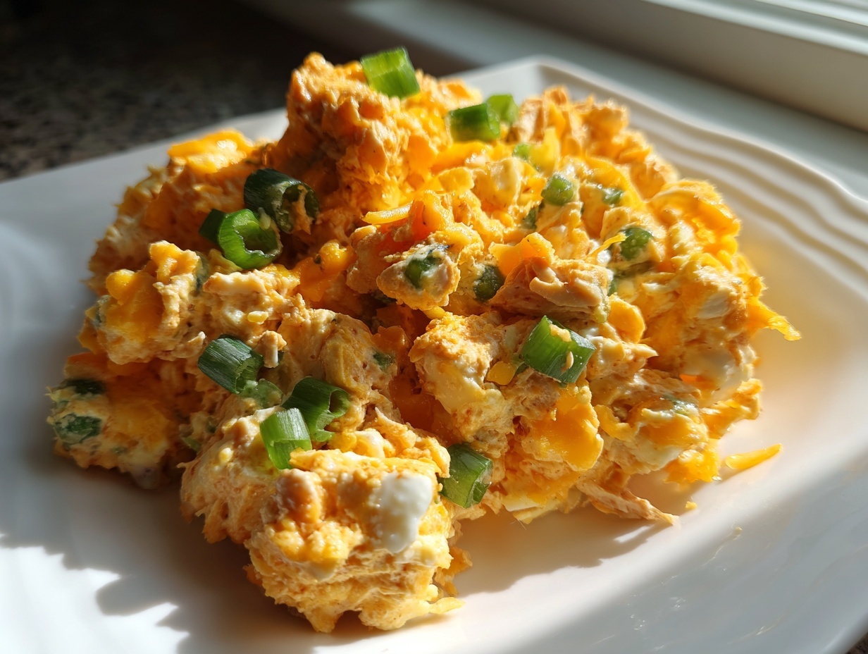 A scoop of creamy, orange-tinted healthy jalapeno popper chicken salad topped with fresh green onion slices.