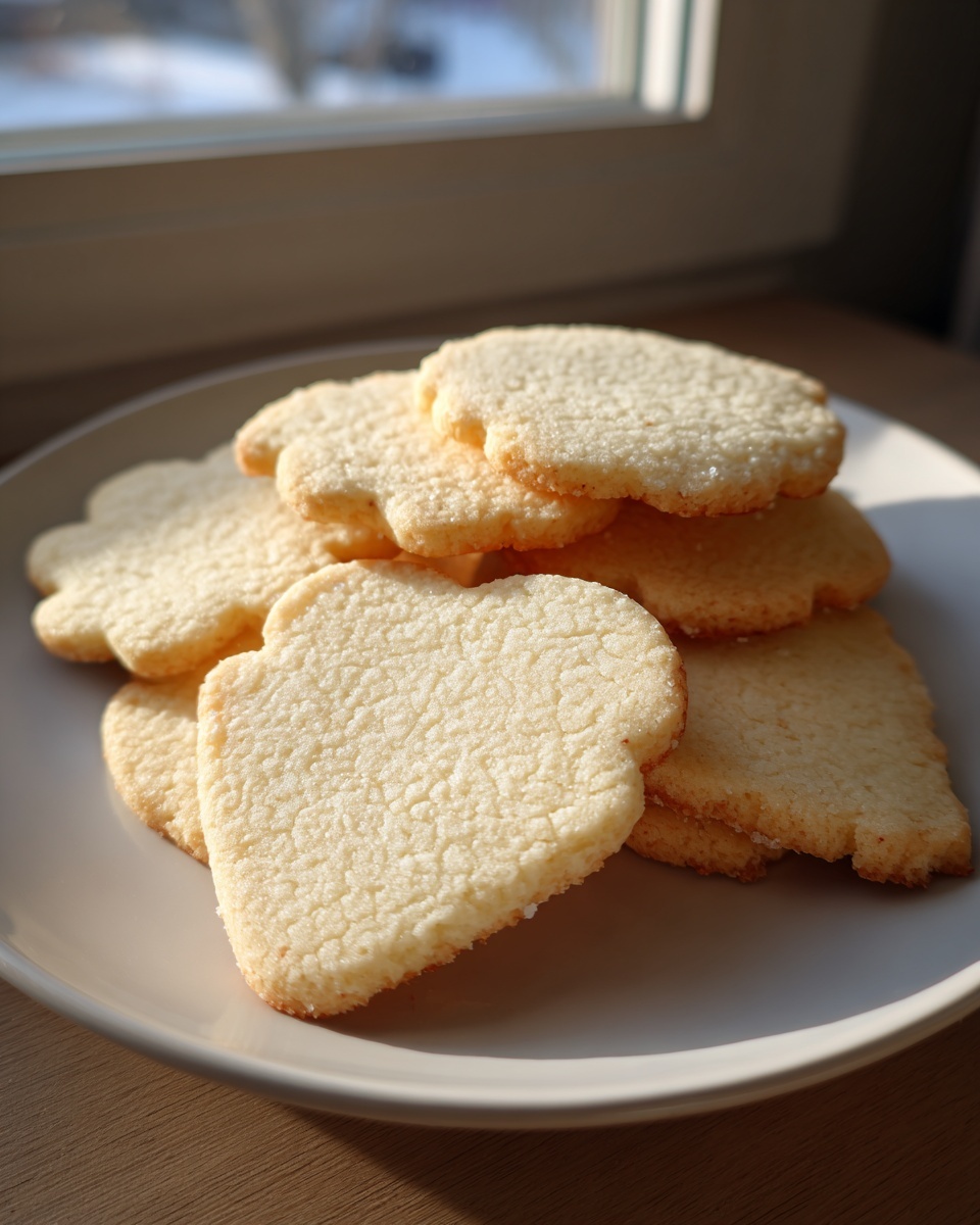 A stack of freshly baked, pale, heart-shaped vegan sugar cookies dusted with fine sugar on a light plate.