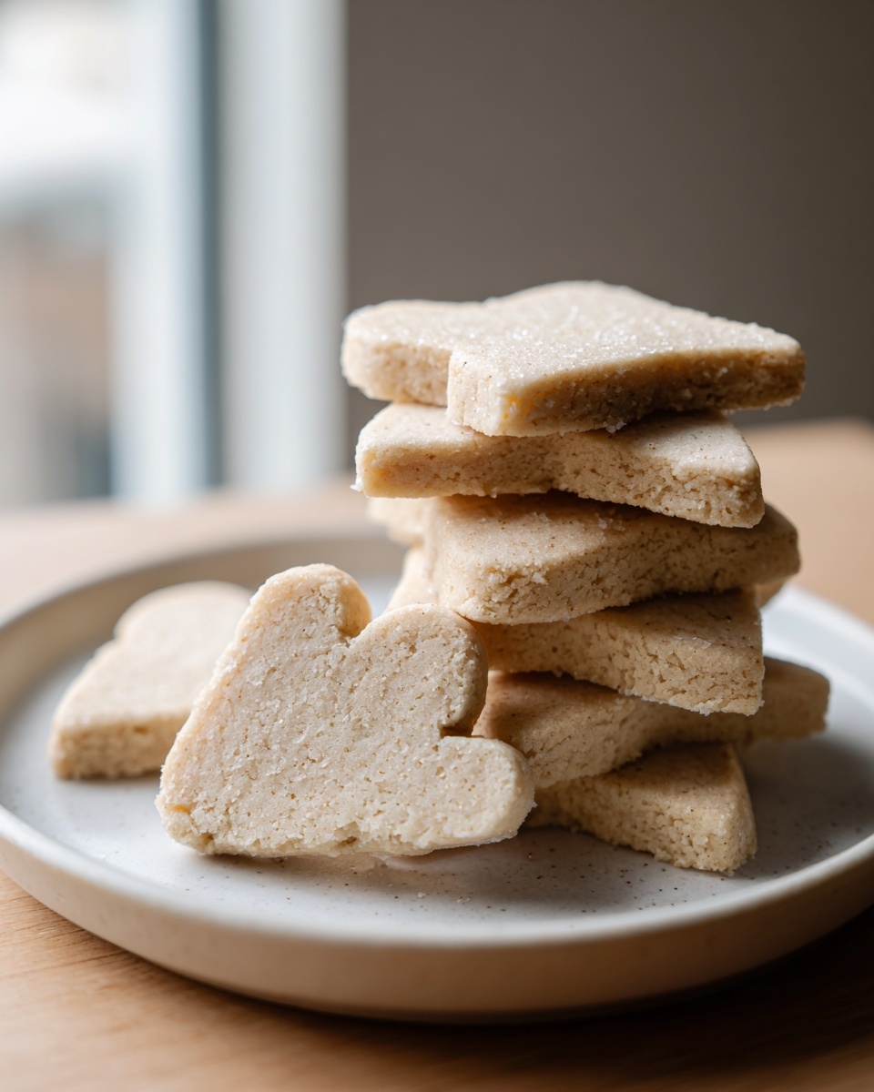 A tall stack of un-iced, heart-shaped vegan sugar cookies resting on a speckled white plate.