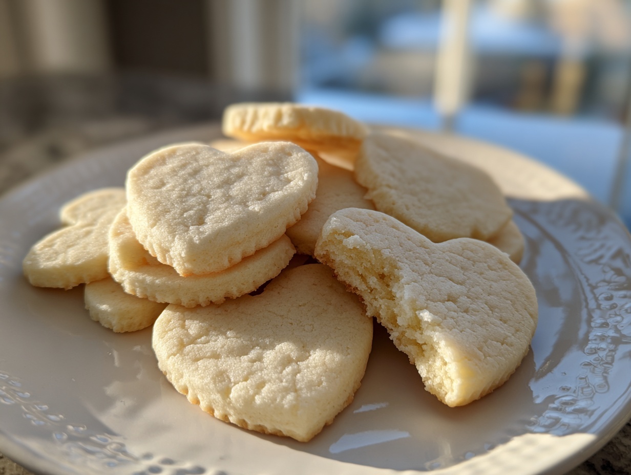 Close-up of heart-shaped vegan sugar cookies piled on a white plate, one cookie is broken open.