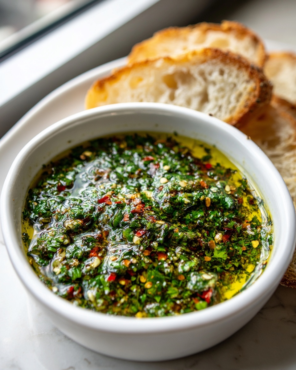 Close-up of a white bowl filled with vibrant green olive oil bread dip, seasoned with herbs and chili flakes, served with toasted bread slices.