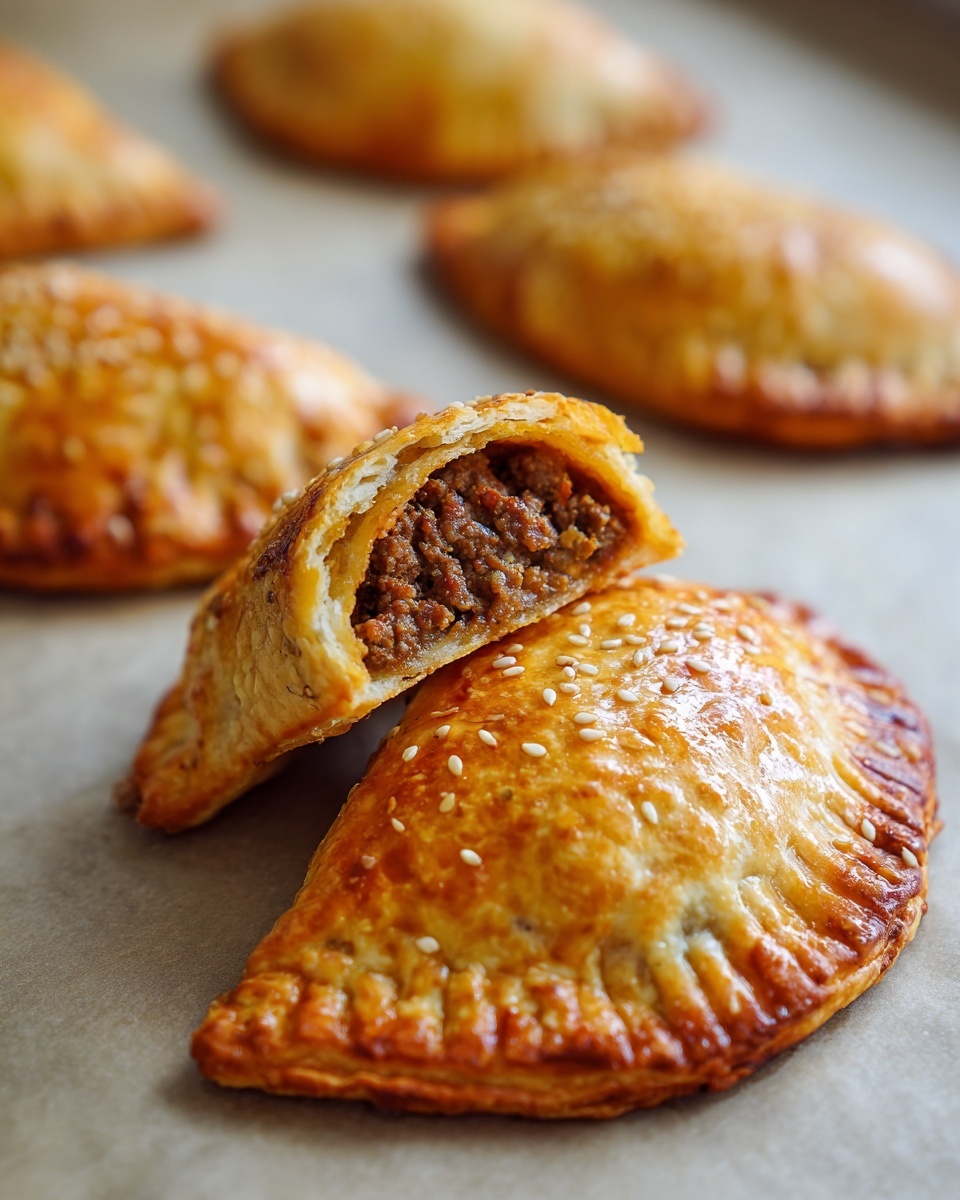 Close-up of golden baked high protein cheeseburger pockets, one cut open revealing the savory meat filling.