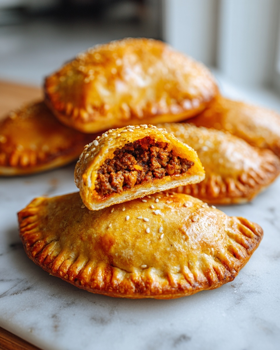 Close-up of golden baked high protein cheeseburger pockets, one cut open showing the savory ground meat filling.