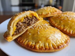 Close-up of a golden baked high protein cheeseburger pocket cut in half, showing seasoned ground beef and melted cheese filling.