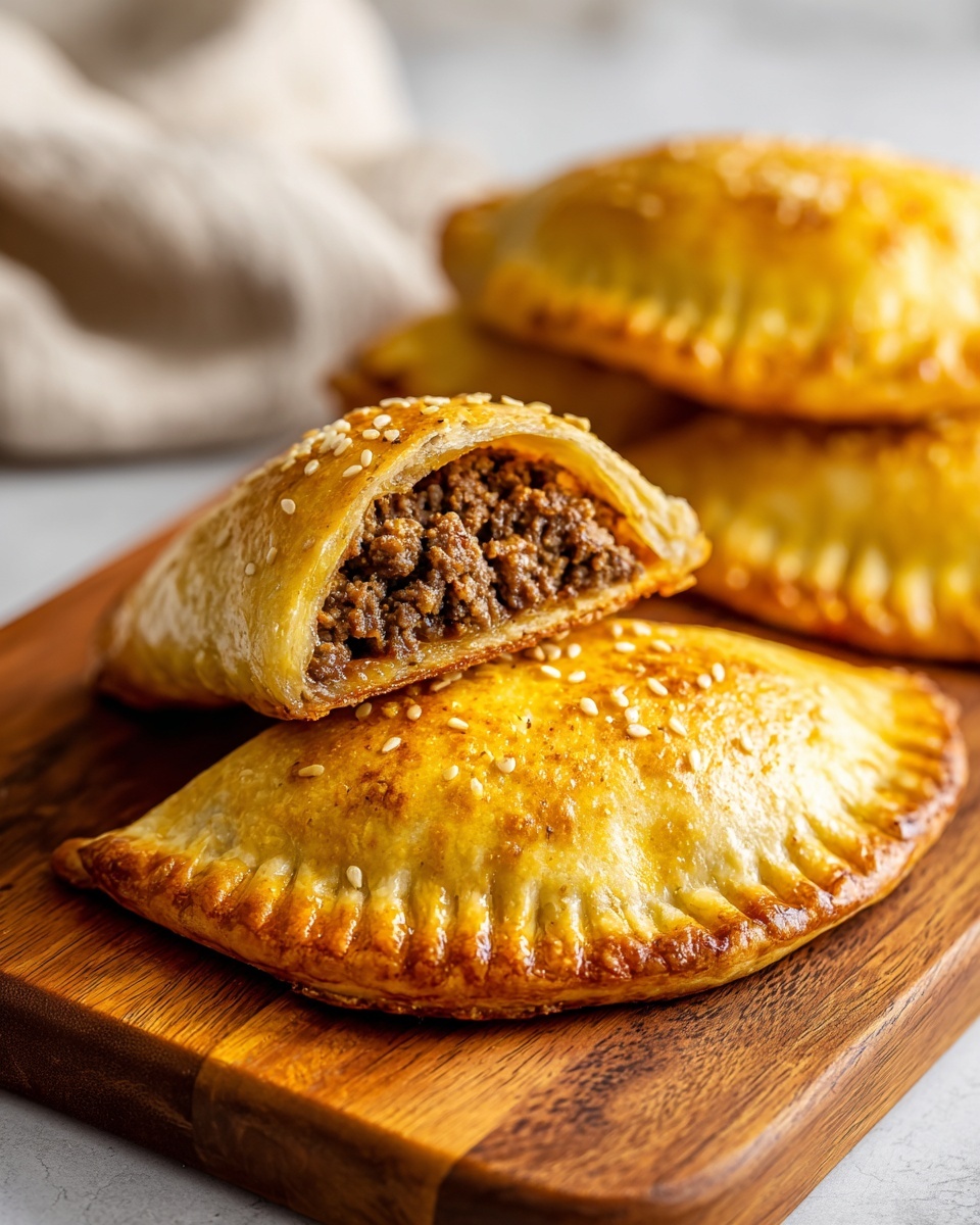 Close-up of golden baked high protein cheeseburger pockets, one cut open showing seasoned ground beef filling.