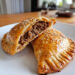 Two golden baked high protein cheeseburger pockets on a white plate, one cut open to show the savory ground beef filling.