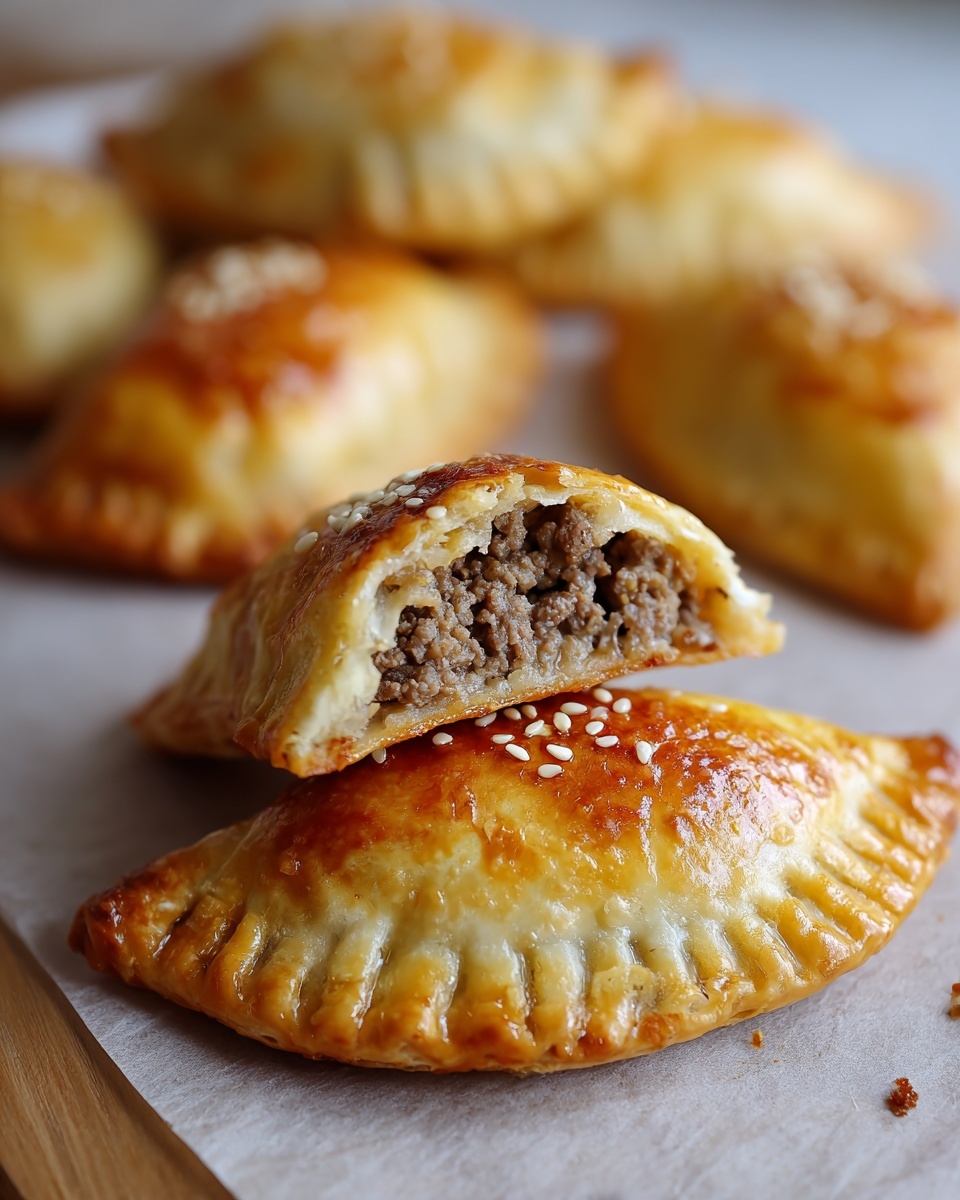 Close-up of golden baked high protein cheeseburger pockets, one cut open showing seasoned ground beef filling.