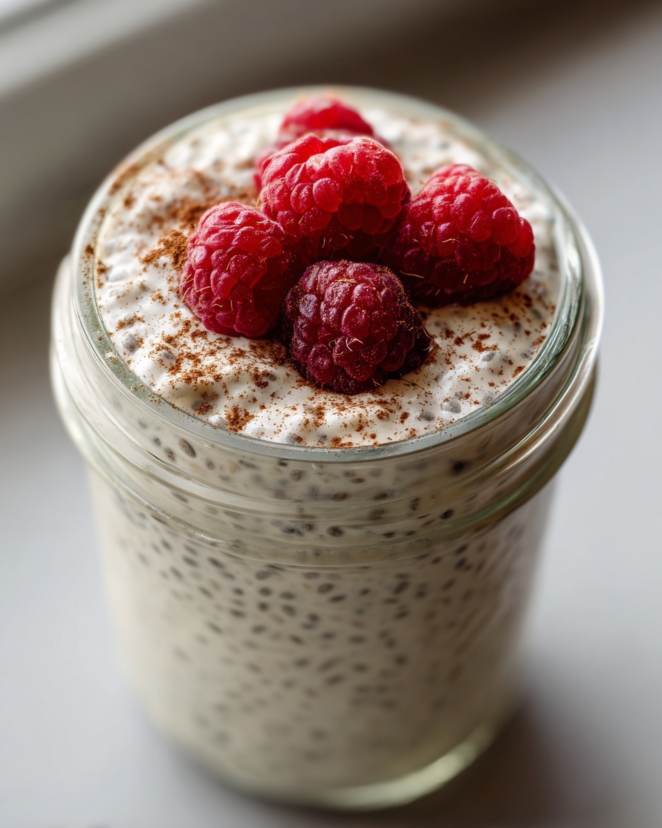Close-up of high protein chia pudding in a glass jar, topped with fresh raspberries and a dusting of cinnamon.