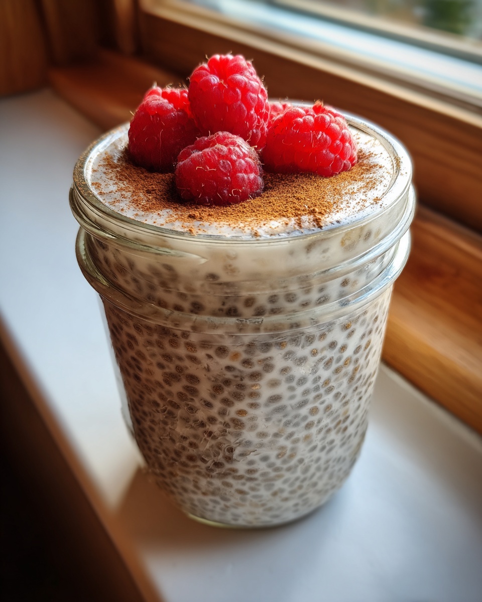 Close-up of high protein chia pudding in a glass jar, topped with fresh raspberries and cinnamon.