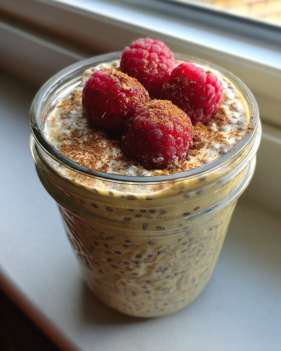 Close-up of high protein chia pudding in a jar, topped with four fresh raspberries and a sprinkle of cinnamon.